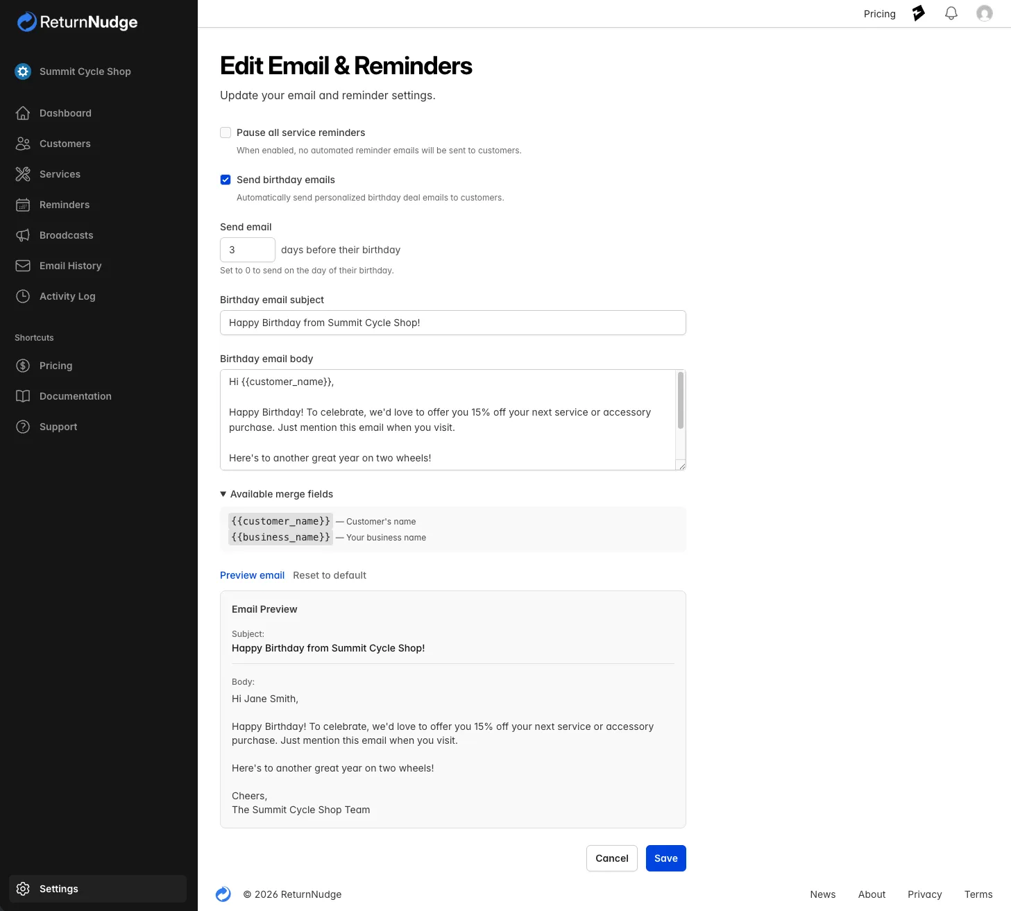 Birthday emails screenshot