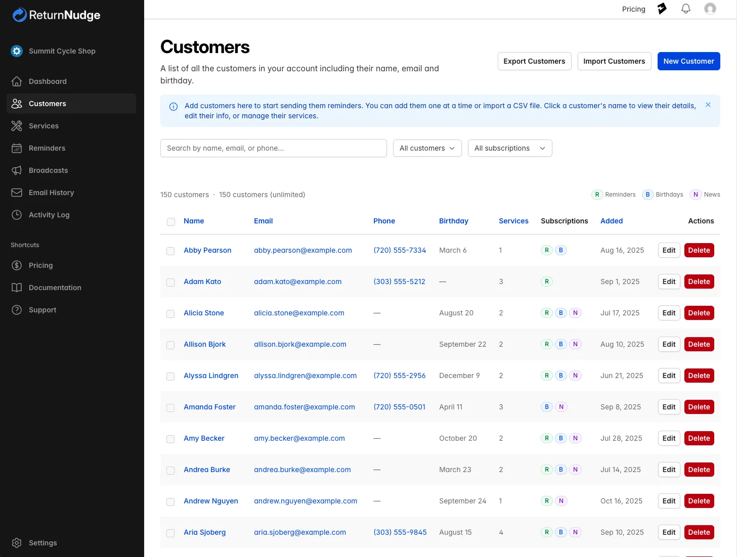 Customer management screenshot