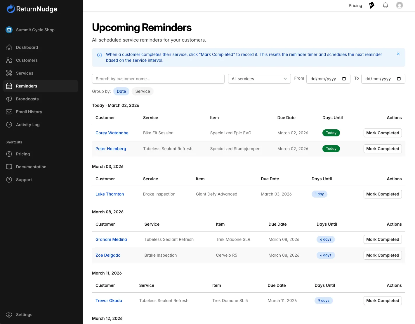 Automatic reminders screenshot