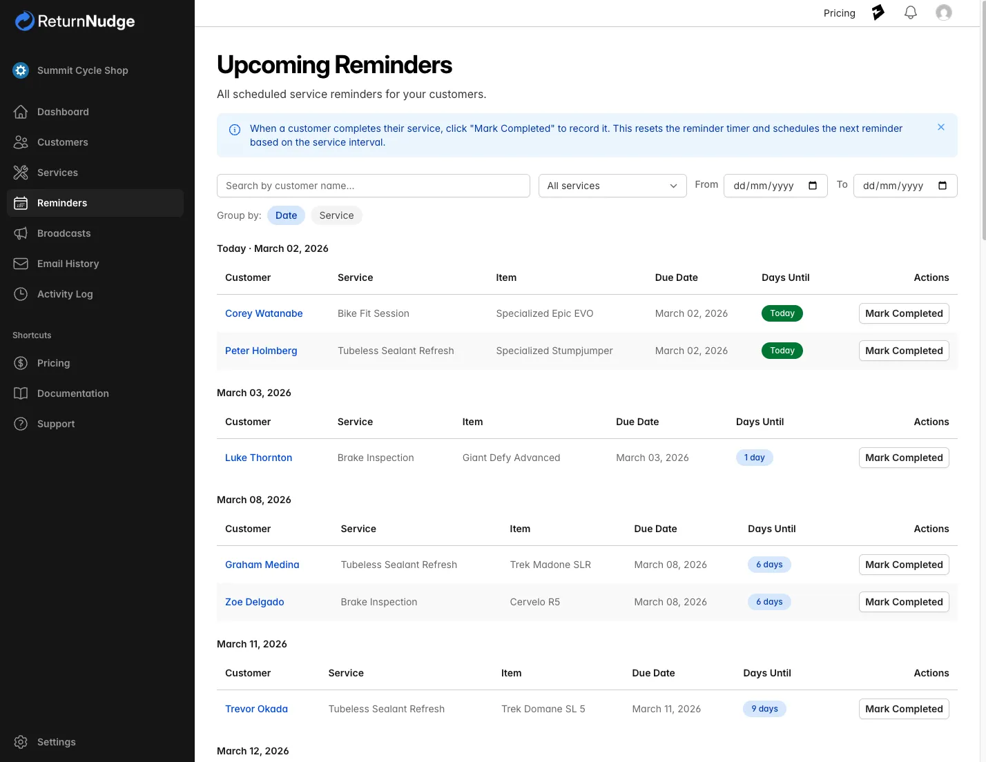 Automatic reminders screenshot