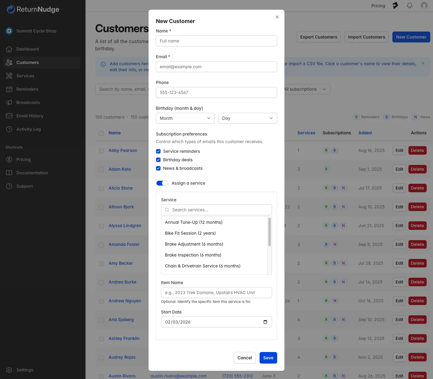 Birthday emails screenshot